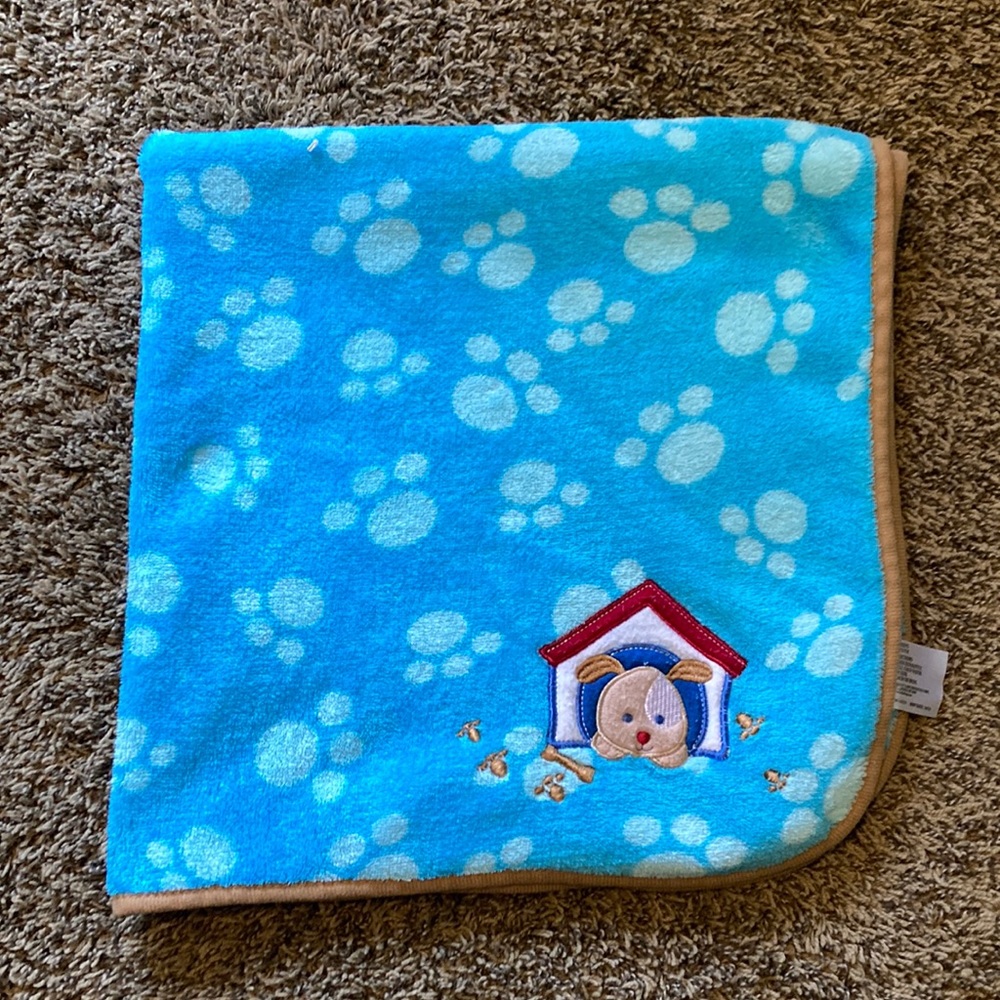 Baby Blanket Dog House Bones Paw Prints Brown Puppy Aqua Fleece 28x30 Regent